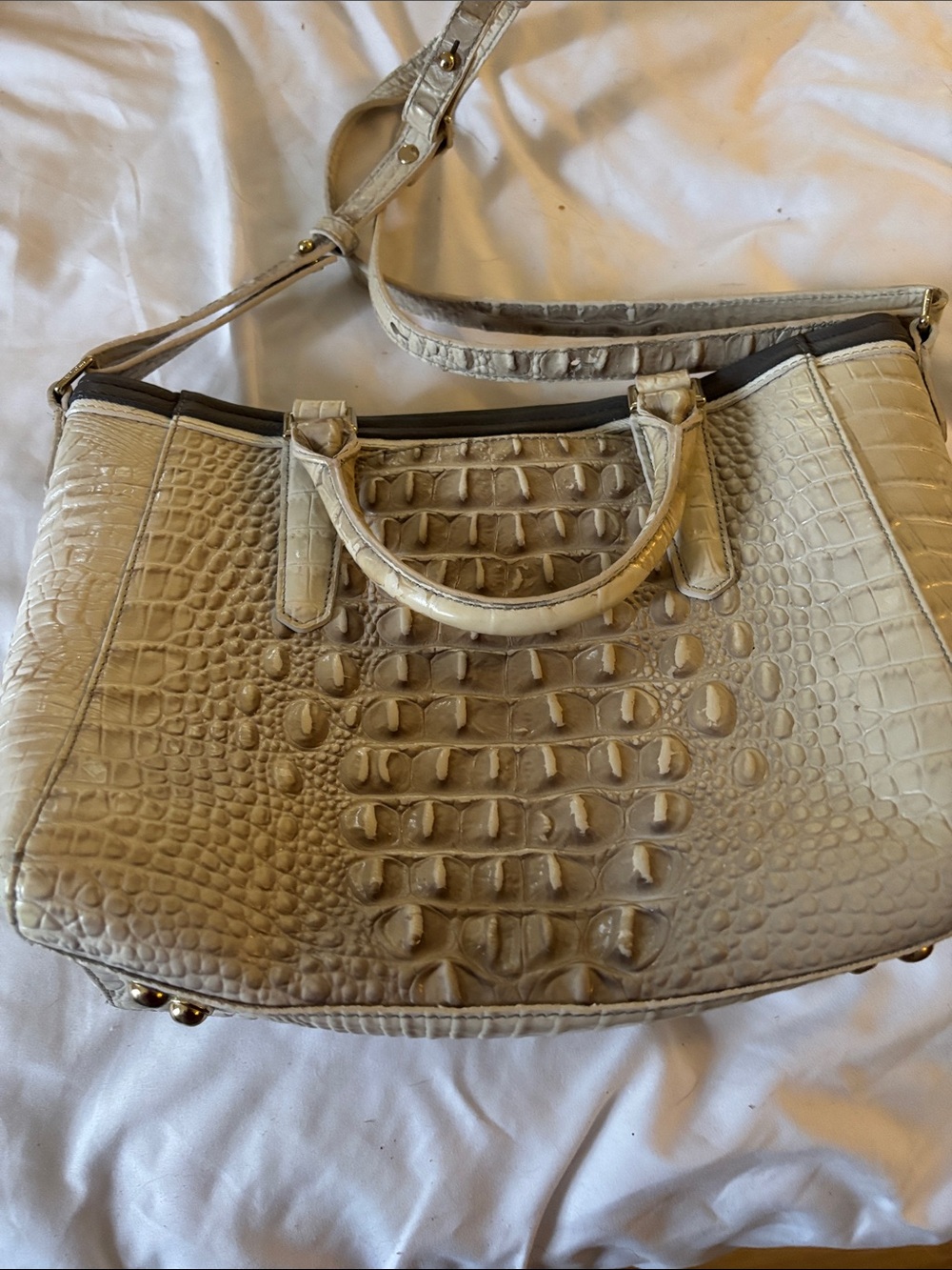 Brahmin Cream Croc-Embossed Satchel with Removable Strap